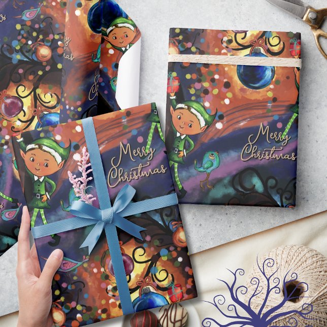 Magischer Elf & Vogel Whimsical Weihnachten Geschenkpapier (Magical Elf & Bird Whimsical Christmas Wrapping Paper)