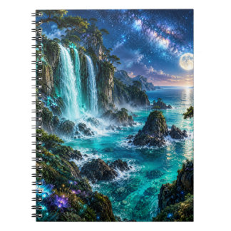 Magischer Fantasy-Wasserfall an der Meeresküste un Notizblock