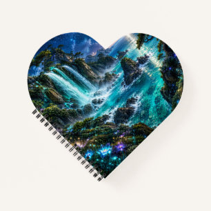 Magischer Fantasy-Wasserfall an der Meeresküste un Notizbuch