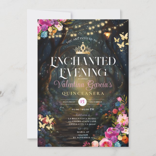 Magischer Garten Quinceañera 15 Anos Blume Gold Einladung (Vorderseite)