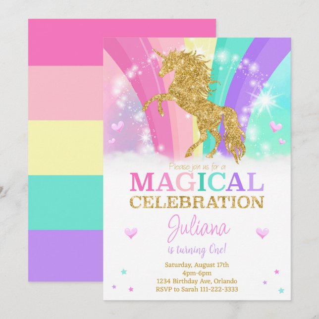 Magischer Glitzer Einicorn Geburtstag Einladung (Vorne/Hinten)