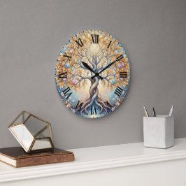 Magischer goldener Baum Kristall-Edelsteine spirit Große Wanduhr