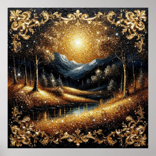 Magischer goldener Wald mit sonnenbeschienenen Ber Poster