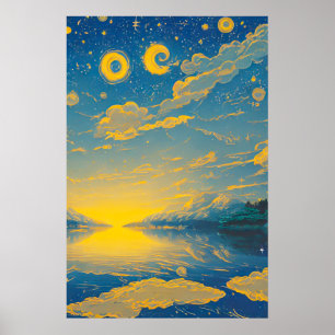 Magischer Himmel, Sterne, Wolken, See, Retro-Maler Poster