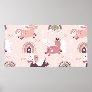 Magischer Hintergrund mit kleinen Einhörnern und R Poster