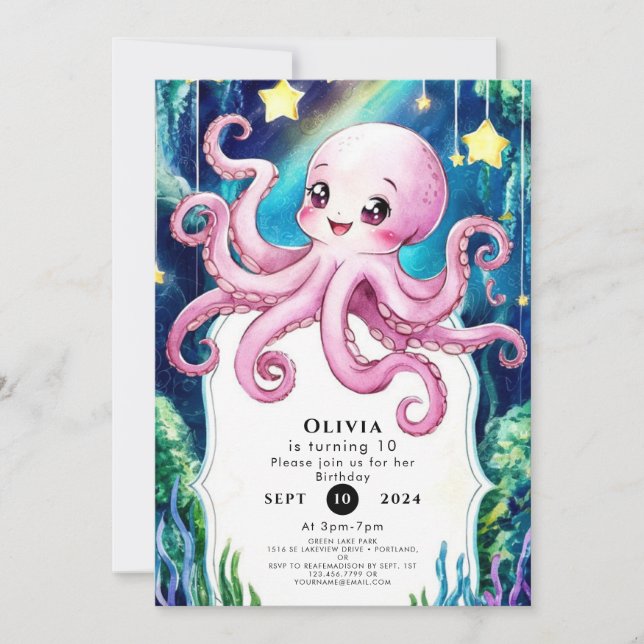 Magischer Kids' Octopus Geburtstag Einladung (Vorderseite)