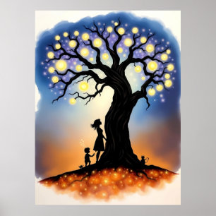 Magischer Lichtbaum mit Silhouetten Poster