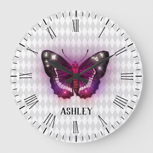Magischer Lila Schmetterling Personalisiert Große Wanduhr (Vorderseite)