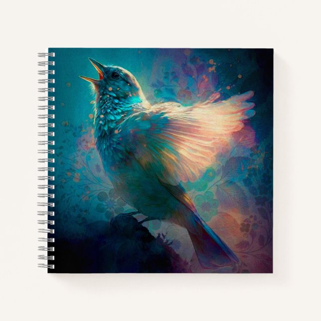 Magischer Mystischer Songbird, der seinen Song sin Notizbuch (Vorderseite)