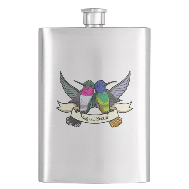 Magischer Nektar Niedliche Hummingbirds Holding Ri Flachmann (Vorderseite)