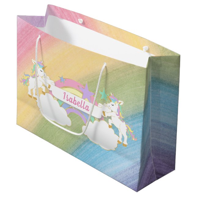 Magischer Regenbogen Einhorn Geburtstag Große Geschenktüte (Vorderseite Schrägansicht)