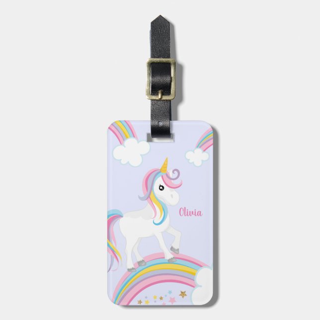 Magischer Regenbogen Einhorn Lila Personalisiert Gepäckanhänger (Vorderseite vertikal)