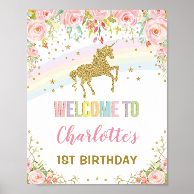 Magischer Regenbogen Einhorn Rosa Gold Floral Will Poster (Vorne)