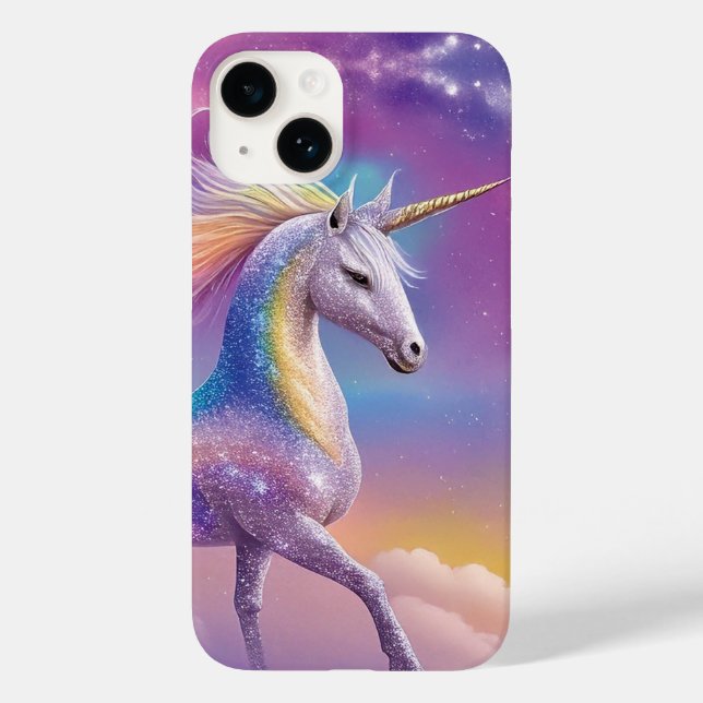 Magischer Regenbogen-Glitzer Weißer Einhorn Glitze Case-Mate iPhone 14 Hülle (Rückseite)