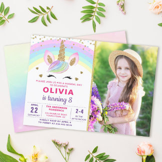 Magischer Regenbogen Gold Einhorn Girl Foto Geburt Einladung