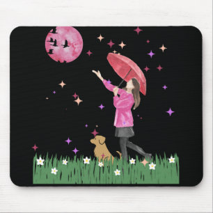 Magischer rosa Mond & Hunde-Spaziergang-Wasserfarb Mousepad