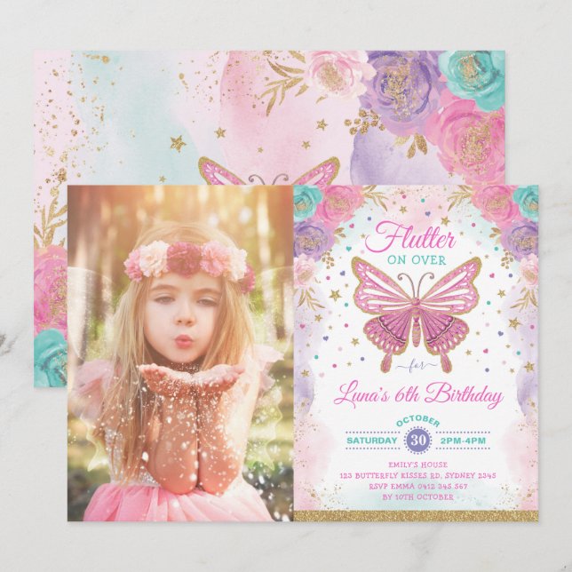 Magischer Schmetterling Pink Lila Gold Fairy Gebur Einladung (Vorne/Hinten)