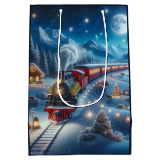 Magischer Schneebahn-Weihnachtszug-Winterszene Mittlere Geschenktüte