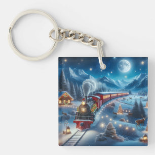Magischer Schneebahn-Weihnachtszug-Winterszene Schlüsselanhänger