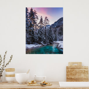 Magischer Sonnenuntergang türkis Fluss Mojstrana, Poster
