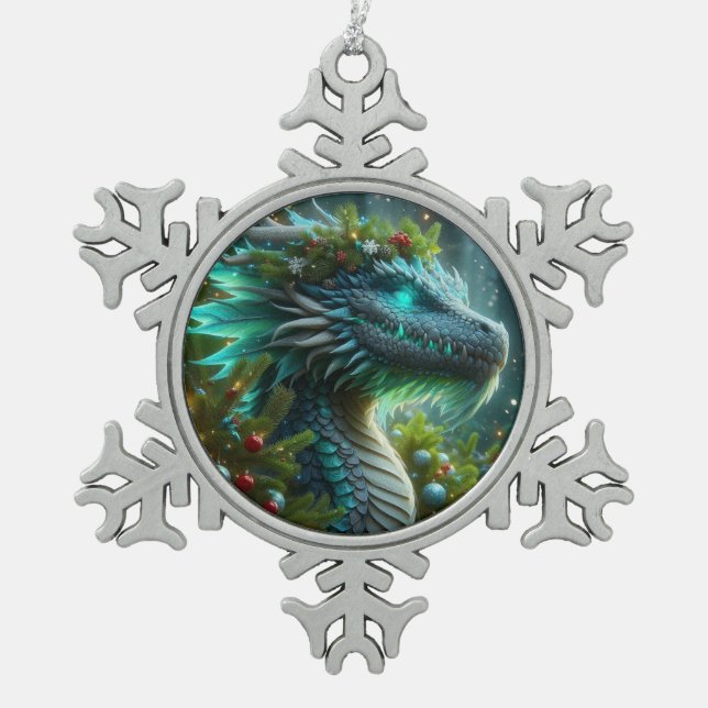 Magischer Türkischer Weihnachtsdrache Schneeflocken Zinn-Ornament (Vorderseite)