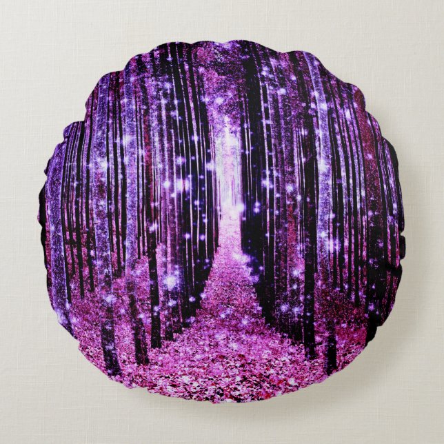 Magischer Wald Lila rosa Rundes Kissen (Vorderseite)