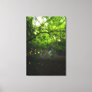 Magischer Wald mit gelben Blumen und Wasserfall Leinwanddruck