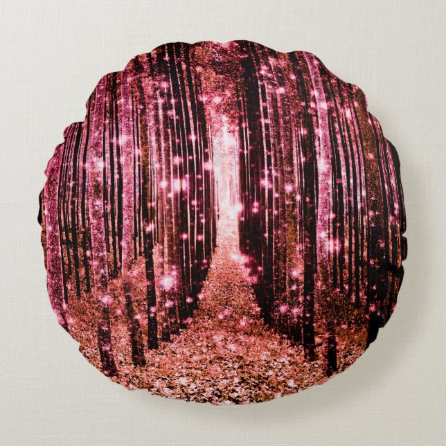 Magischer Wald Peach Pink Rundes Kissen (Vorderseite)