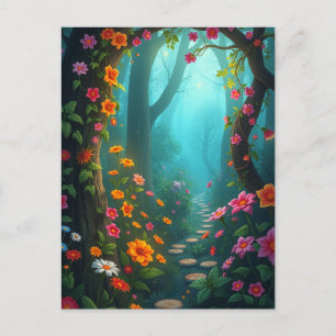 Magischer Waldweg mit whimsikischen Wildblumen Postkarte