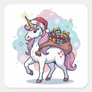 Magischer Weihnachts-Weihnachtsmann-Einhorn mit Ge Quadratischer Aufkleber