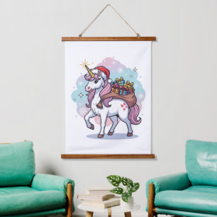 Magischer Weihnachts-Weihnachtsmann-Einhorn mit Ge Wandteppich Mit Holzrahmen