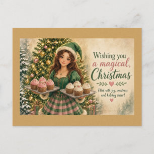 Magischer Weihnachtself mit rosa Cupcakes Postkarte