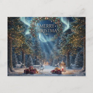 Magischer Weihnachtswald mit Kranz und Rentieren Postkarte