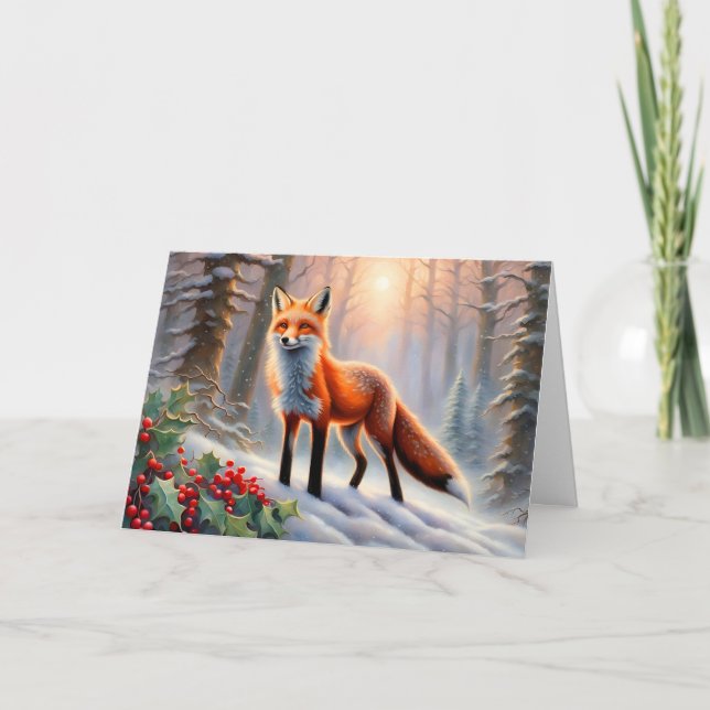 Magischer Winter Fox Holly Berries Weihnachten Karte (Vorderseite)