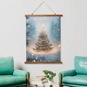 Magischer Winter-Schneewald-Weihnachtsbaum Wandteppich Mit Holzrahmen
