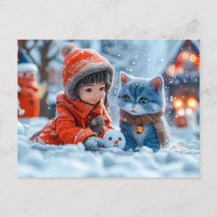 Magischer Wintertag mit Mädchen und Katze Feiertagspostkarte