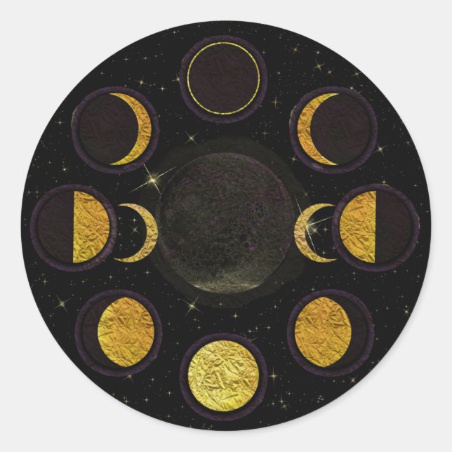 Magisches Black & Gold Moon Phases Esoteric Party Runder Aufkleber (Vorderseite)