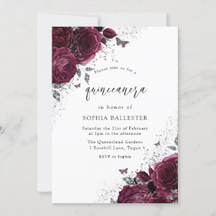 Magisches Burgund Rose Silver Elegante Quinceanera Einladung