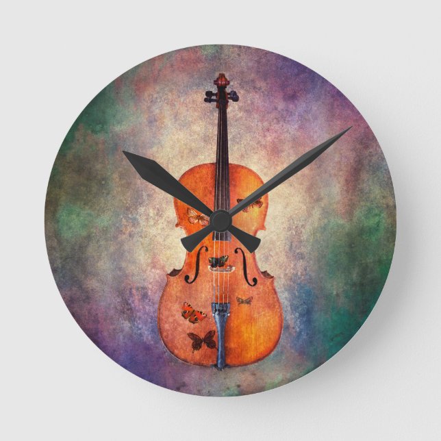 Magisches Cello mit Schmetterlingen Runde Wanduhr (Vorderseite)