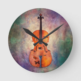 Magisches Cello mit Schmetterlingen Runde Wanduhr
