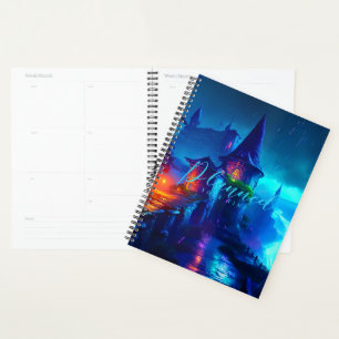 Magisches Cyberpunk-Fantasienschloss Neon-Nacht Planer