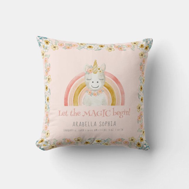 Magisches Einhorn-Baby-Geburts-Info-Aquarell Kissen (Vorderseite)