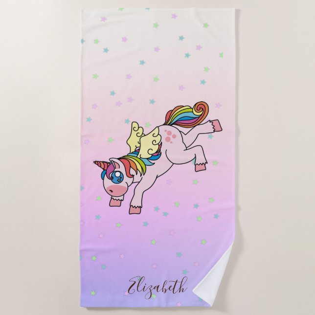 Magisches Einhorn, bunte Sterne - Personalisiert Strandtuch (Vorderseite)