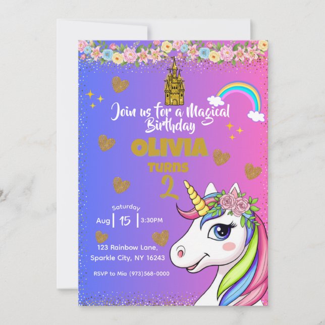 Magisches Einhorn Geburtstag- Rosa Mädchen Einladu Einladung (Vorderseite)