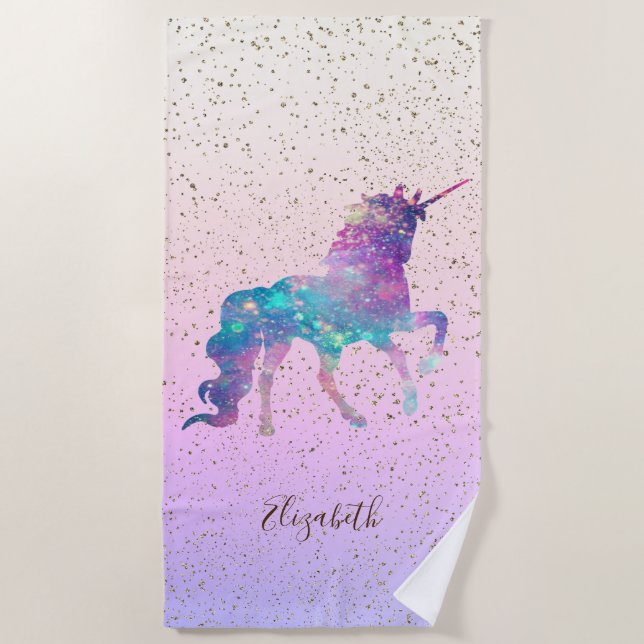 Magisches Einhorn, Goldfetti - Personalisiert Strandtuch (Vorderseite)