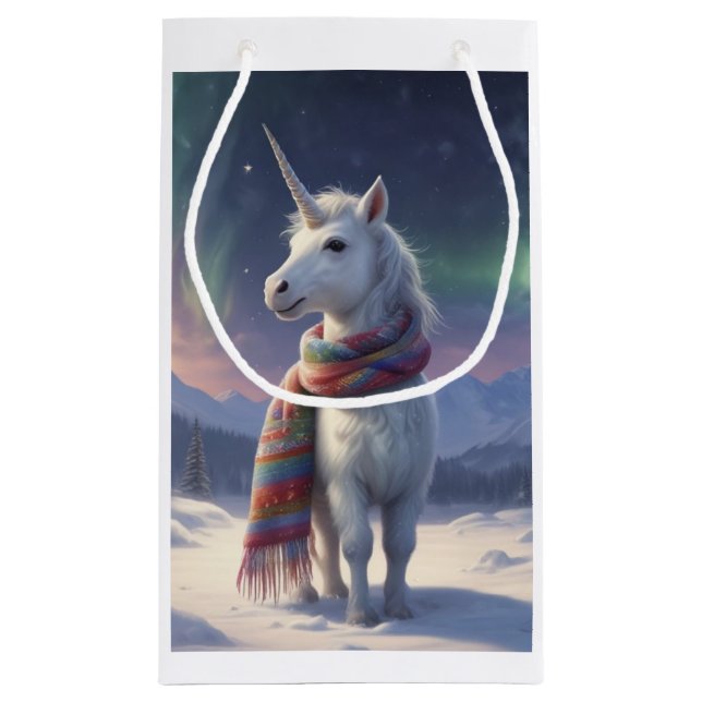 Magisches Einhorn im Schnee - Nordlichter Kleine Geschenktüte (Rückseite)