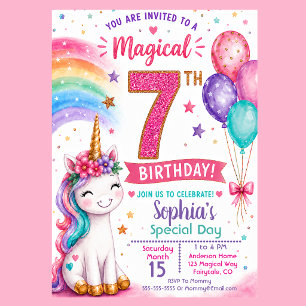 Magisches Einhorn-Mädchen 7. Geburtstag Einladung