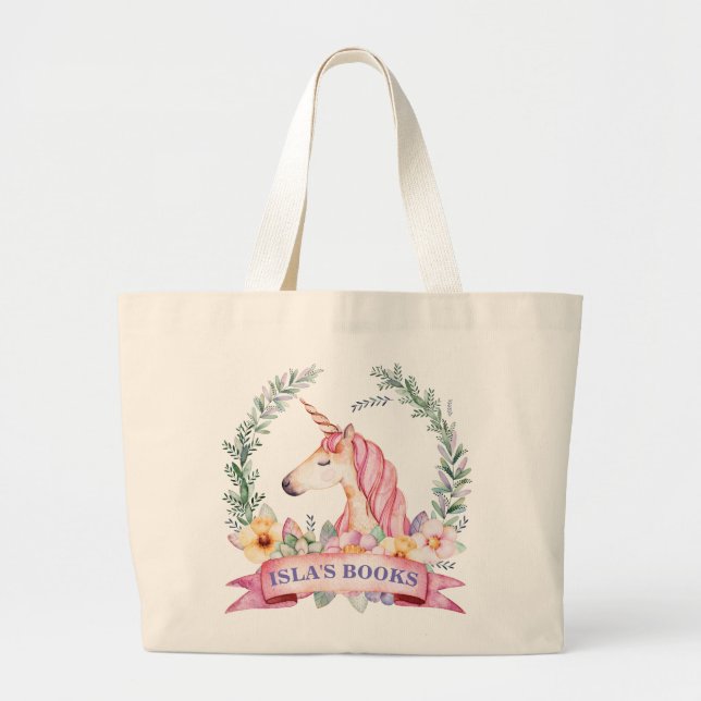 Magisches Einhorn mit floraler Bibliothek Jumbo Stoffbeutel (Vorne)