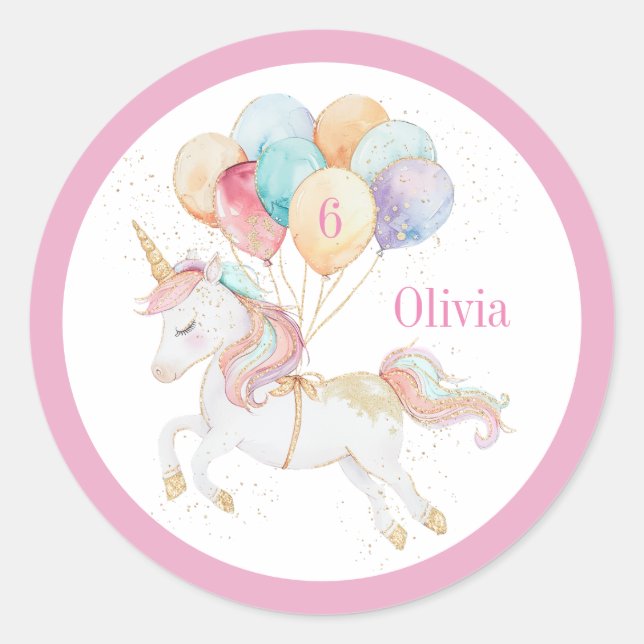 Magisches Einhorn mit Regenbogenballons Name & Alt Runder Aufkleber (Vorderseite)