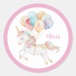 Magisches Einhorn mit Regenbogenballons Name & Alt Runder Aufkleber